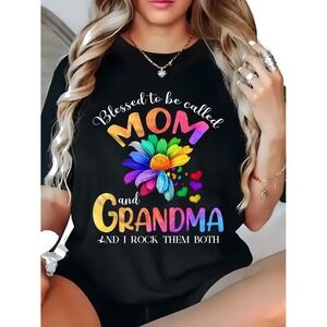 Blessed To Be Called Mom And Grandma T-Shirt Black Rainbow Graphic Tee 3XL